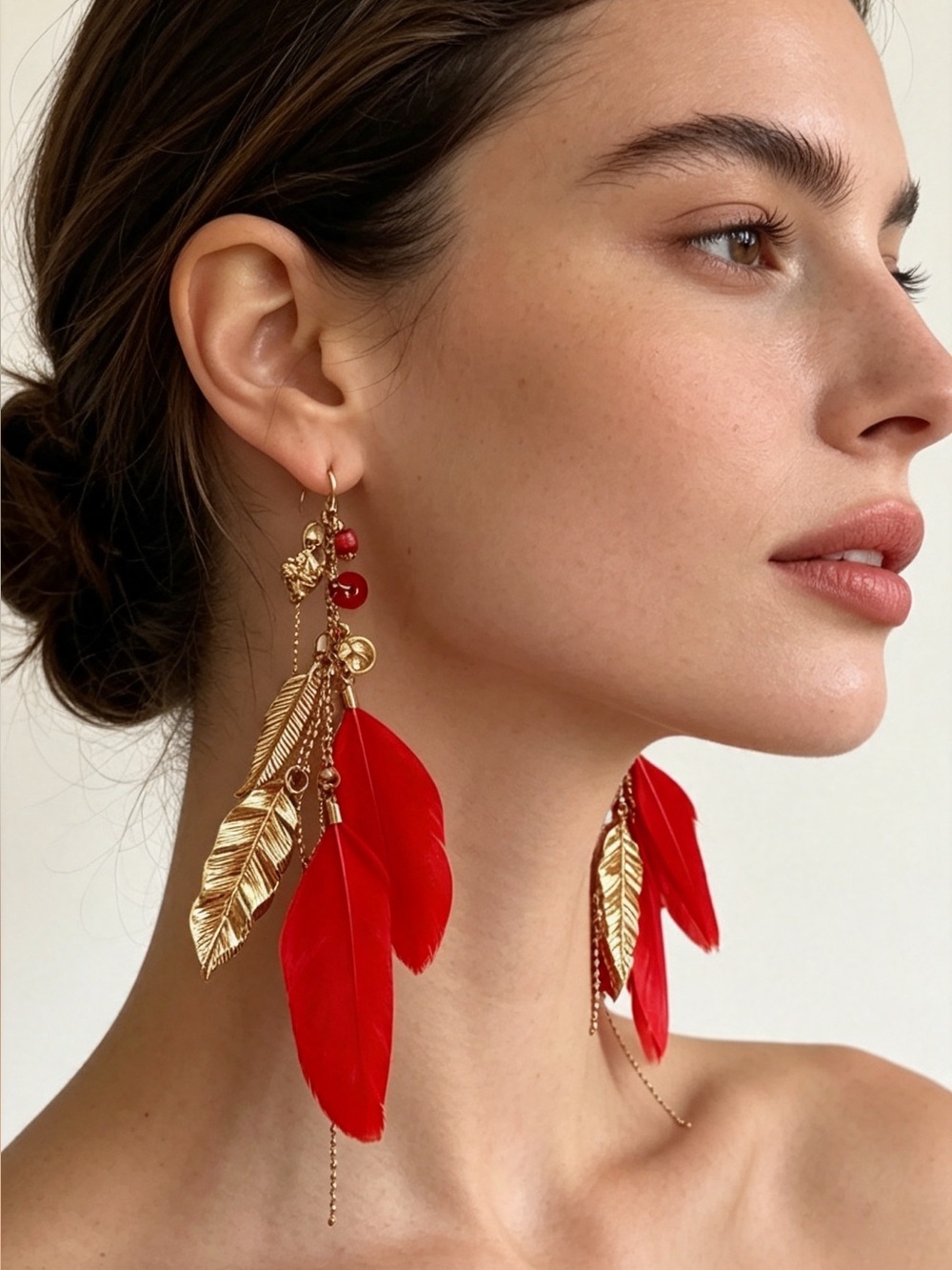 Gold Earring with Feather Red